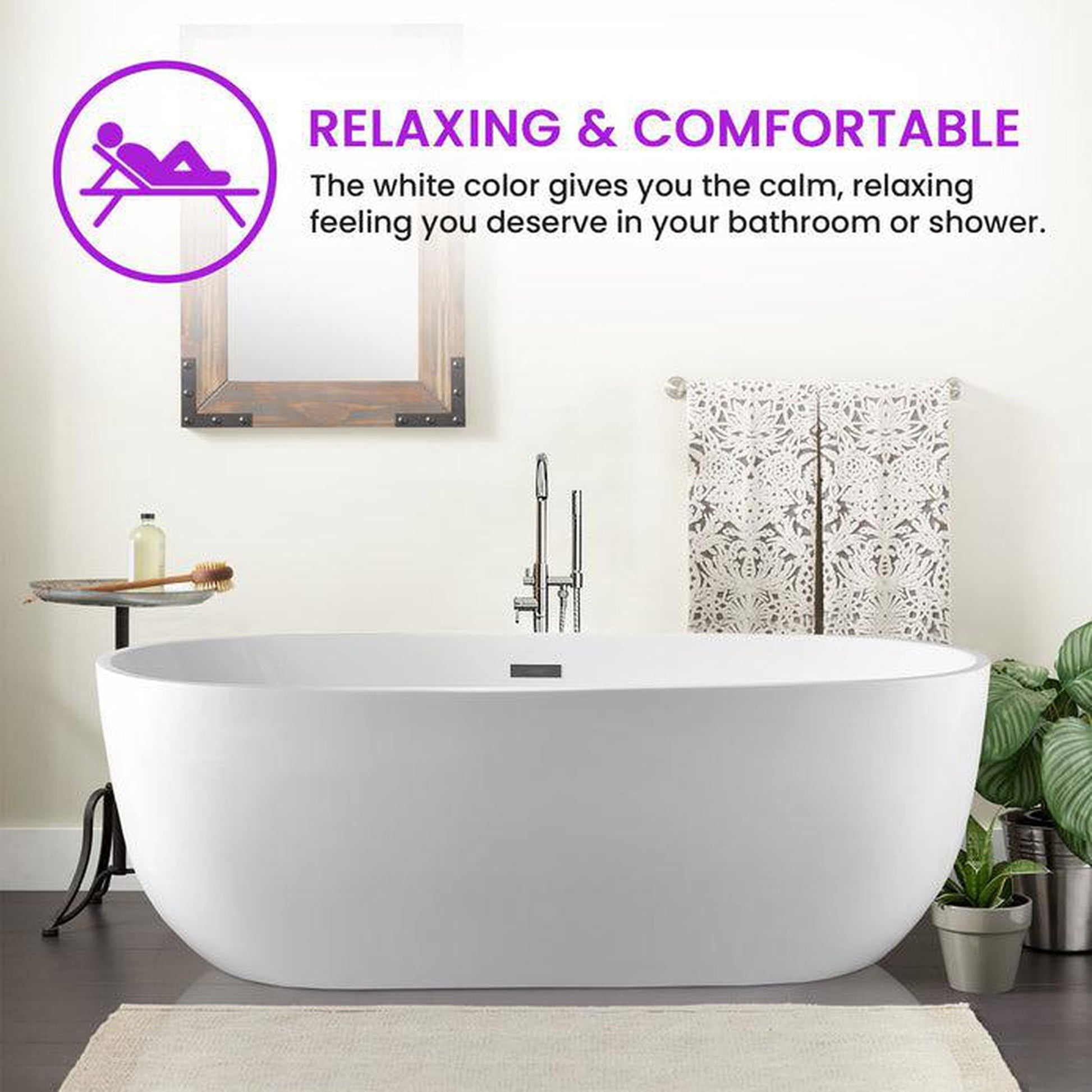 Vanity Art VA6906 67" White Acrylic Freestanding Bathtub With Polished Chrome Slotted Overflow and Pop-up Drain