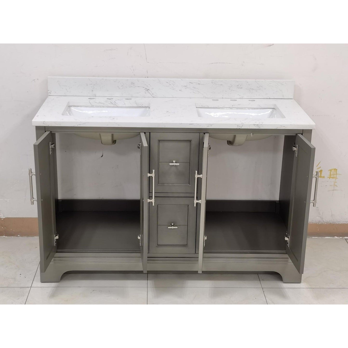 Vanity Art Vannes 54" Double Silver Gray Freestanding Vanity Set With Engineered Marble Countertop and Integrated Sink