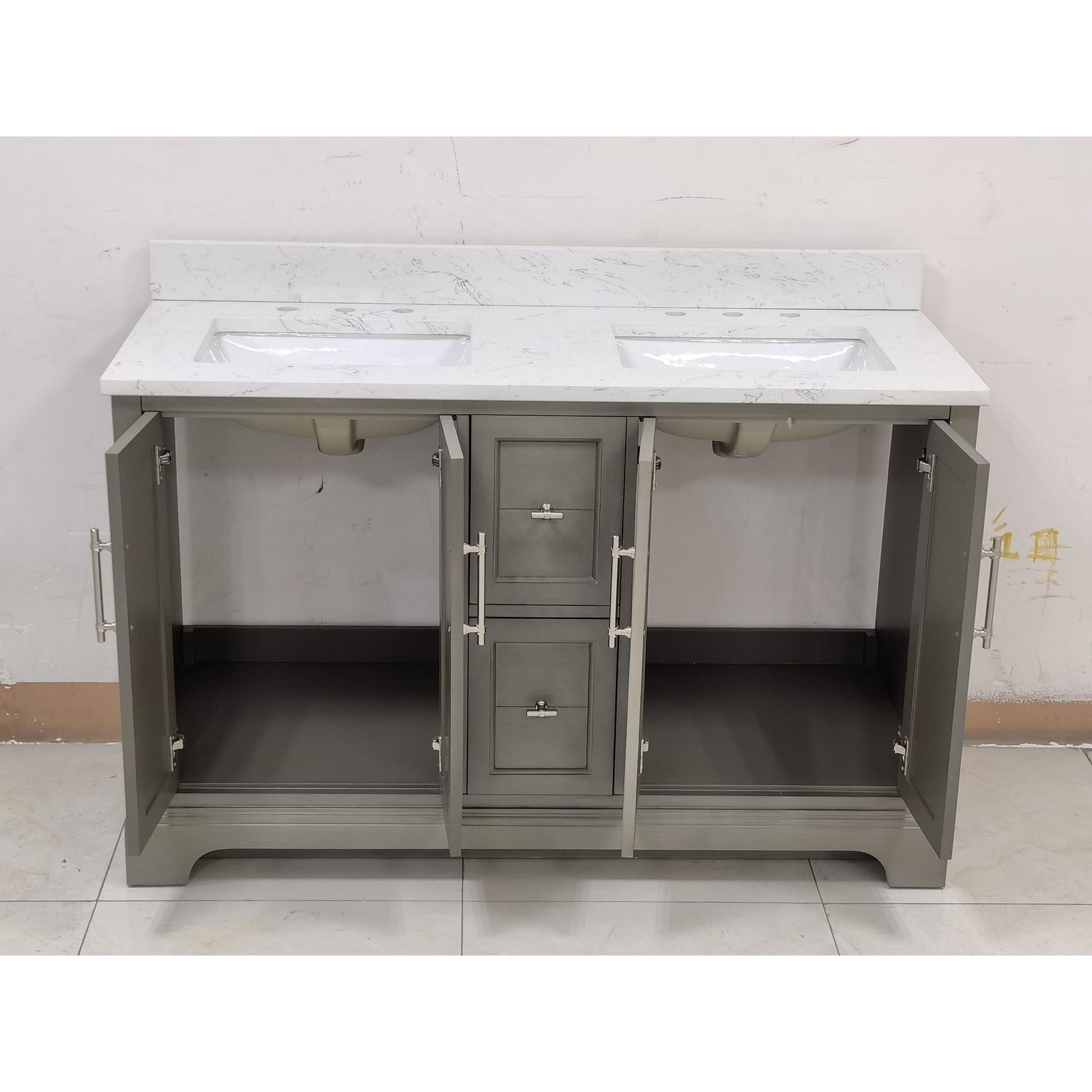 Vanity Art Vannes 54" Double Silver Gray Freestanding Vanity Set With Engineered Marble Countertop and Integrated Sink