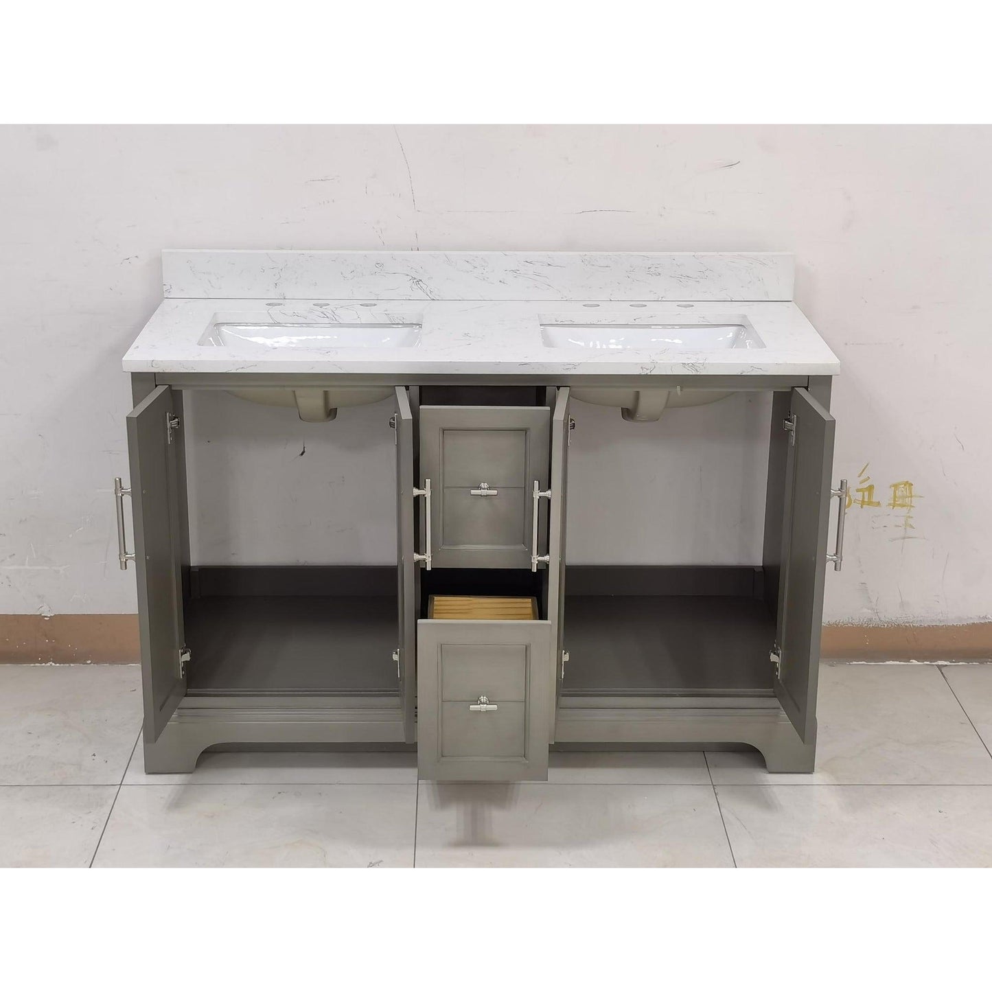 Vanity Art Vannes 54" Double Silver Gray Freestanding Vanity Set With Engineered Marble Countertop and Integrated Sink