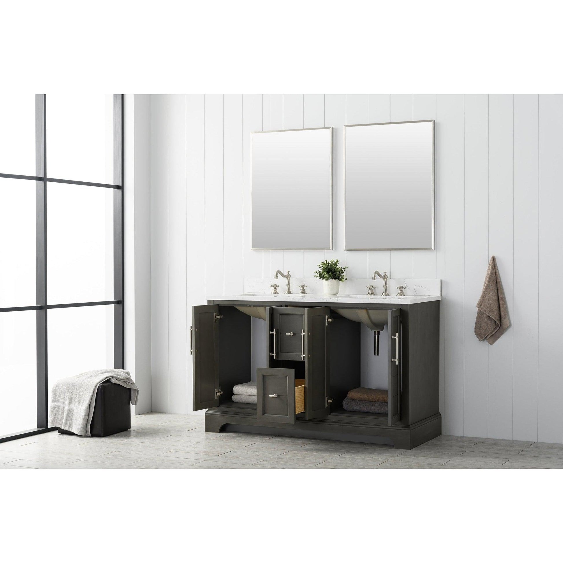 Vanity Art Vannes 54" Double Silver Gray Freestanding Vanity Set With Engineered Marble Countertop and Integrated Sink