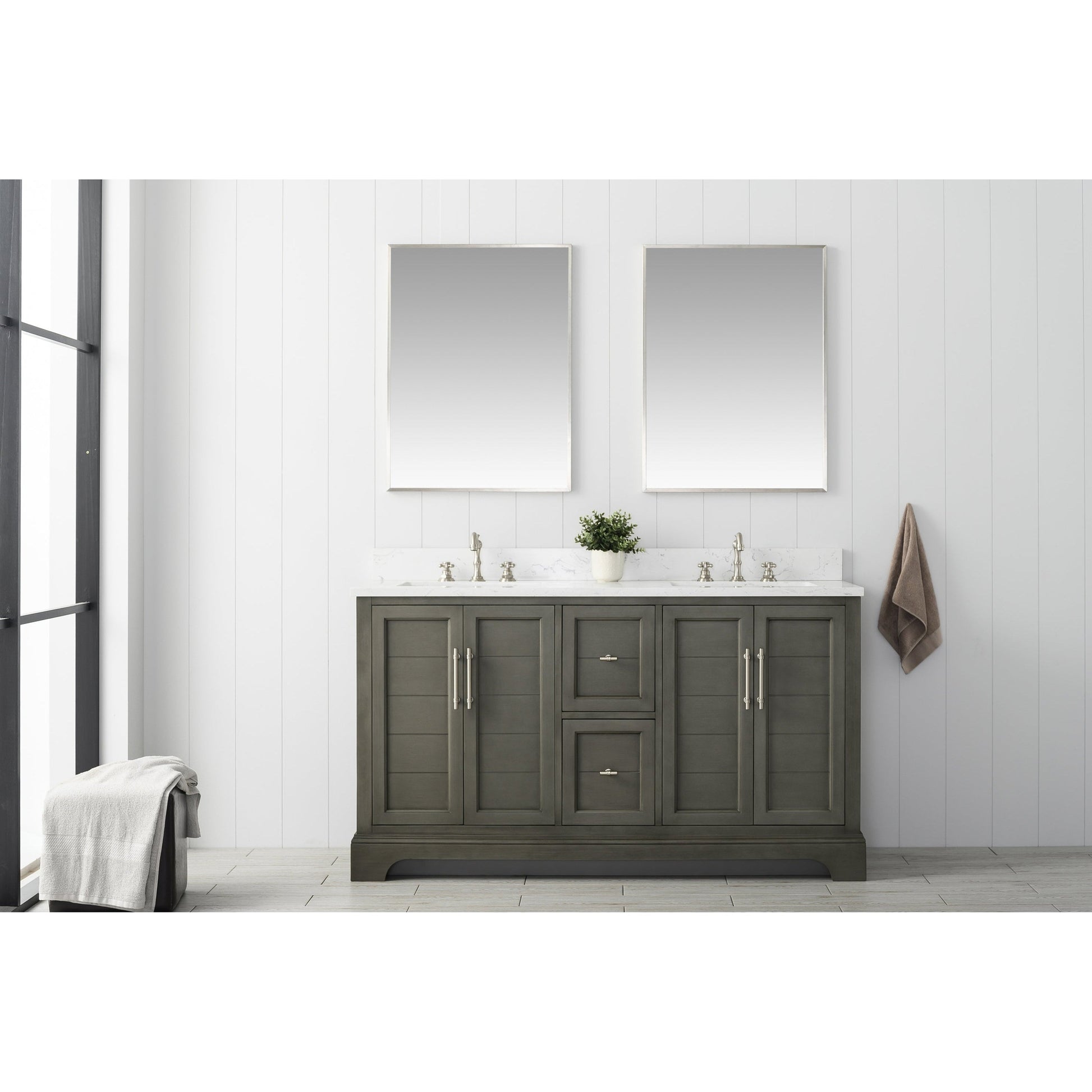 Vanity Art Vannes 60" Double Silver Gray Freestanding Vanity Set With Engineered Marble Countertop and Integrated Sink