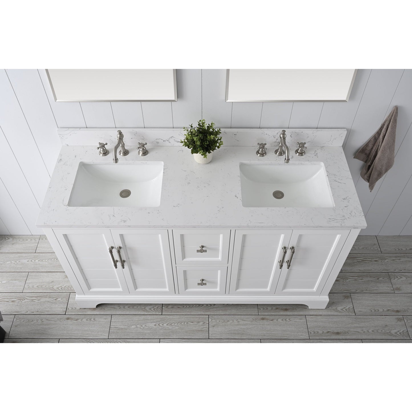 Vanity Art Vannes 60" Double White Freestanding Vanity Set With Engineered Marble Countertop and Integrated Sink