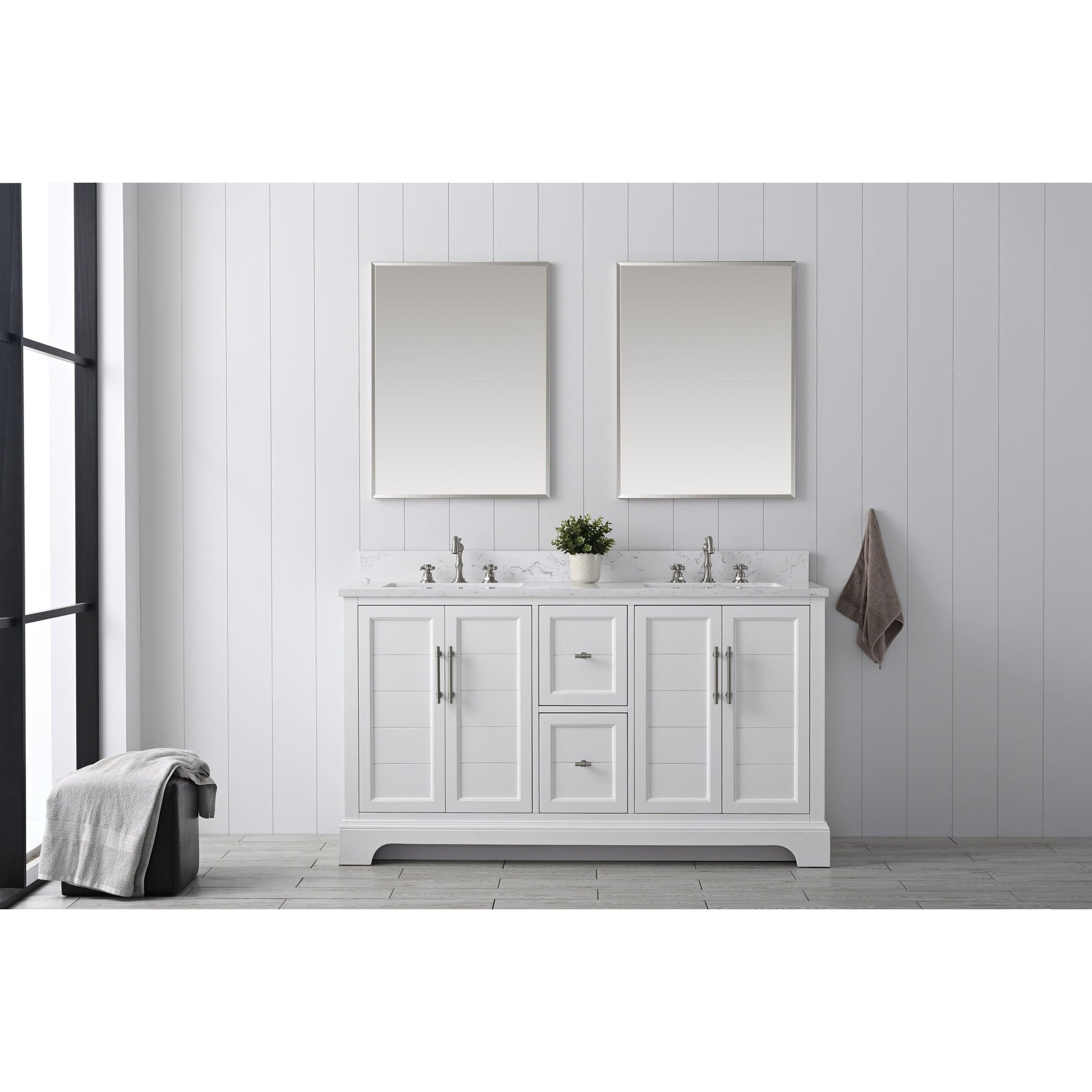 Vanity Art Vannes 60" Double White Freestanding Vanity Set With Engineered Marble Countertop and Integrated Sink