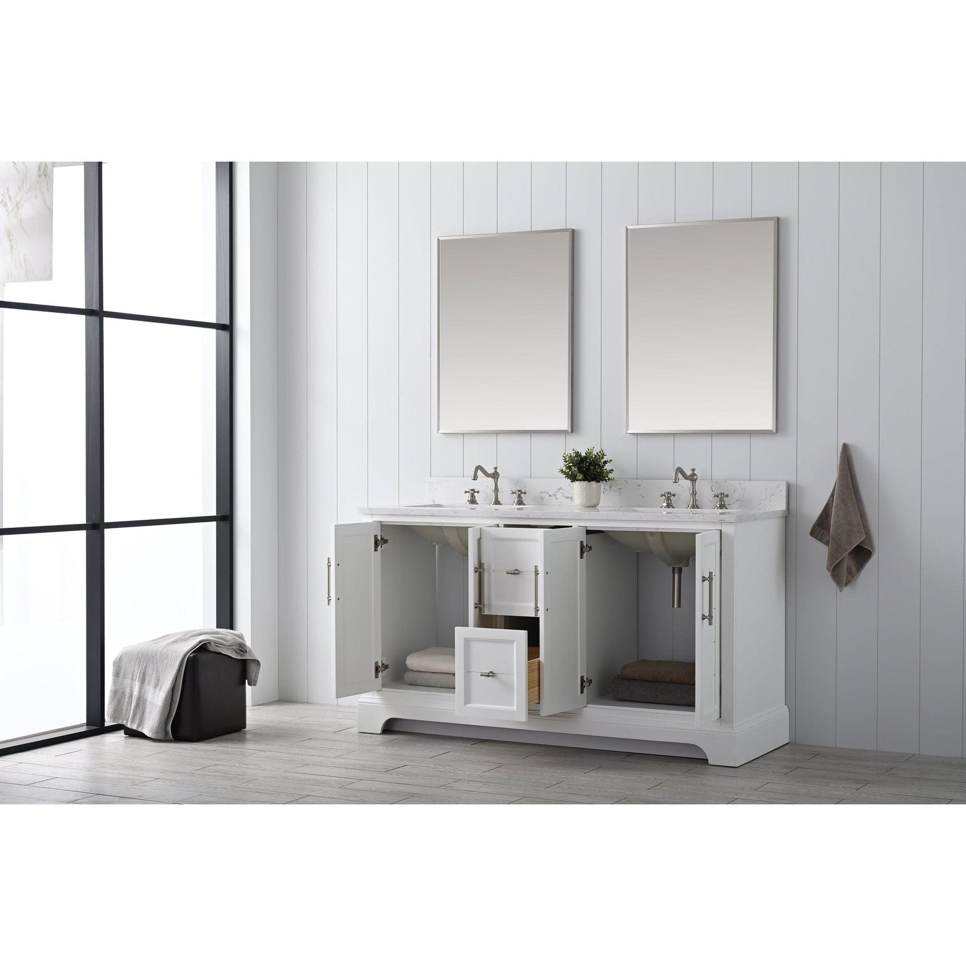 Vanity Art Vannes 60" Double White Freestanding Vanity Set With Engineered Marble Countertop and Integrated Sink