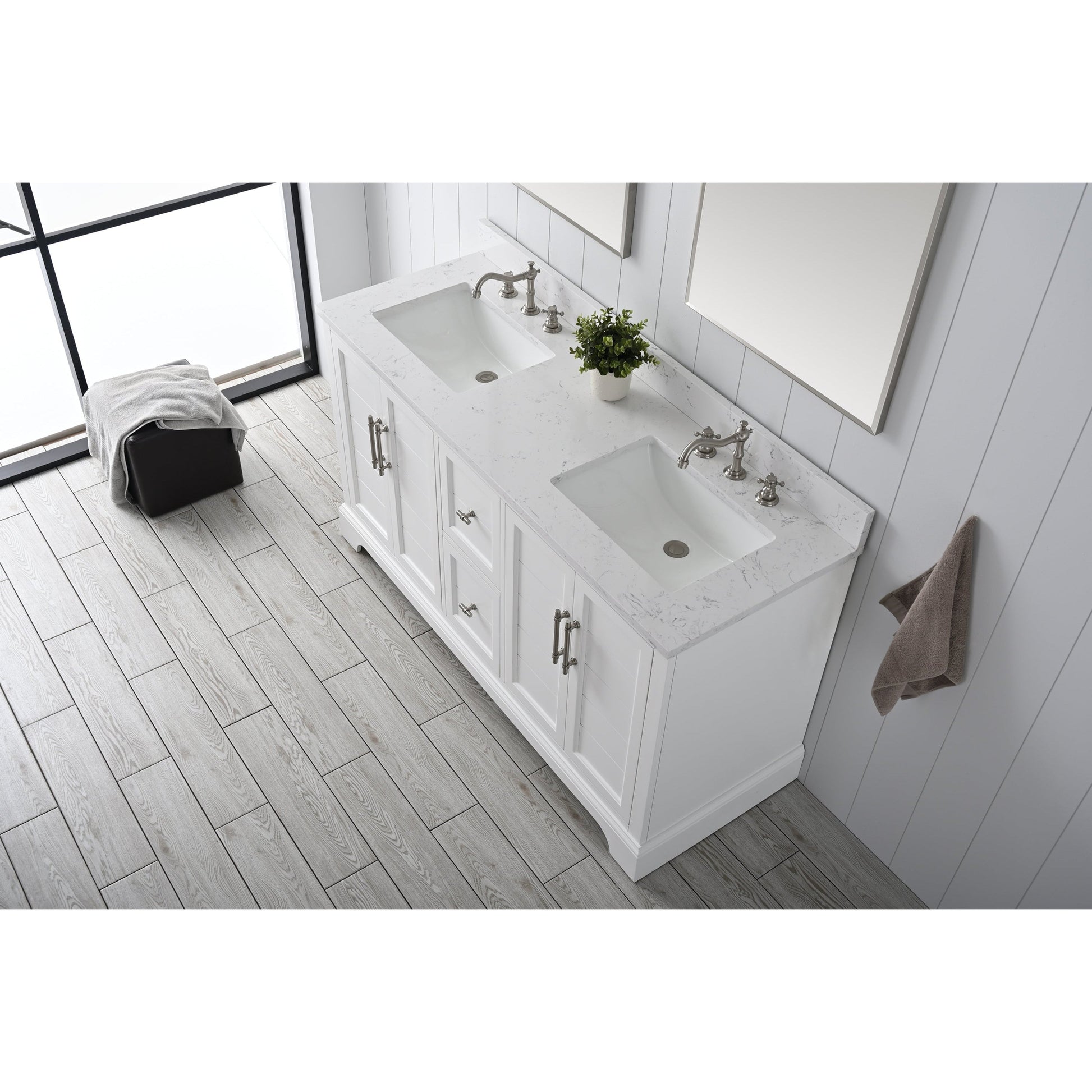 Vanity Art Vannes 60" Double White Freestanding Vanity Set With Engineered Marble Countertop and Integrated Sink