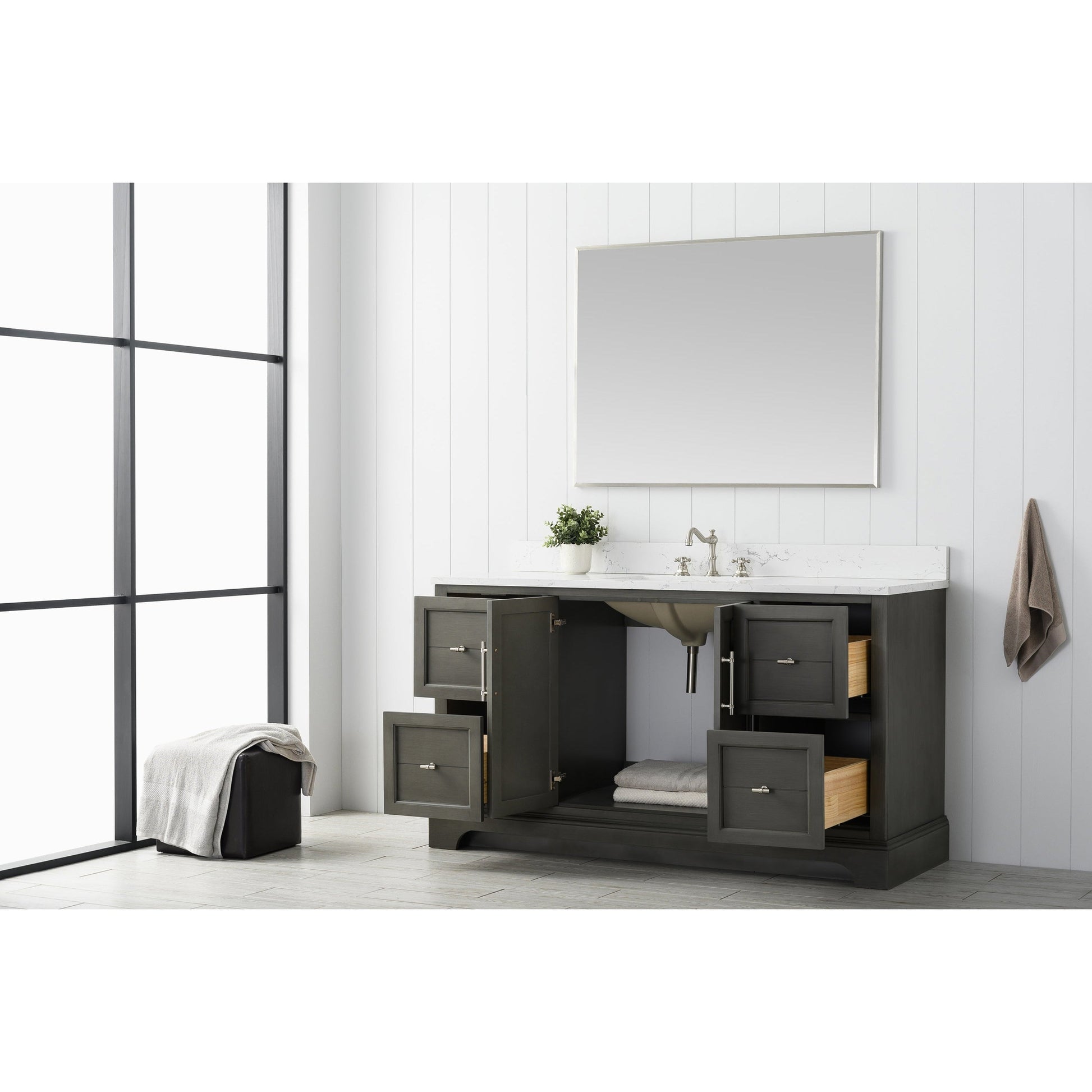 Vanity Art Vannes 60" Single Silver Gray Freestanding Vanity Set With Engineered Marble Countertop and Integrated Sink