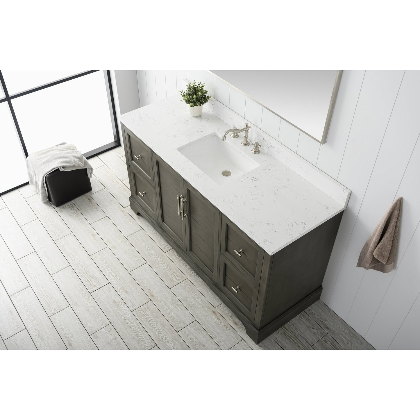 Vanity Art Vannes 60" Single Silver Gray Freestanding Vanity Set With Engineered Marble Countertop and Integrated Sink