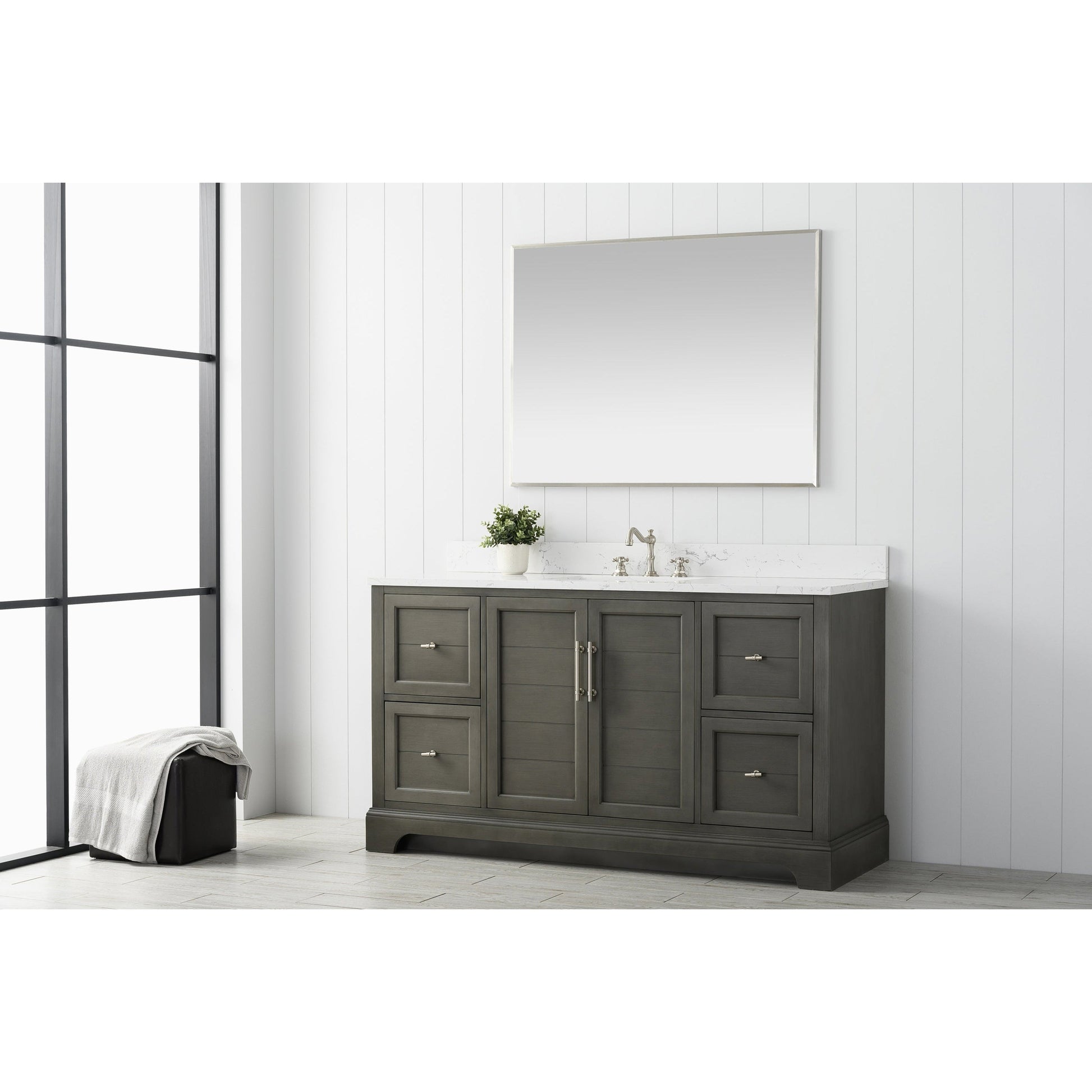 Vanity Art Vannes 60" Single Silver Gray Freestanding Vanity Set With Engineered Marble Countertop and Integrated Sink