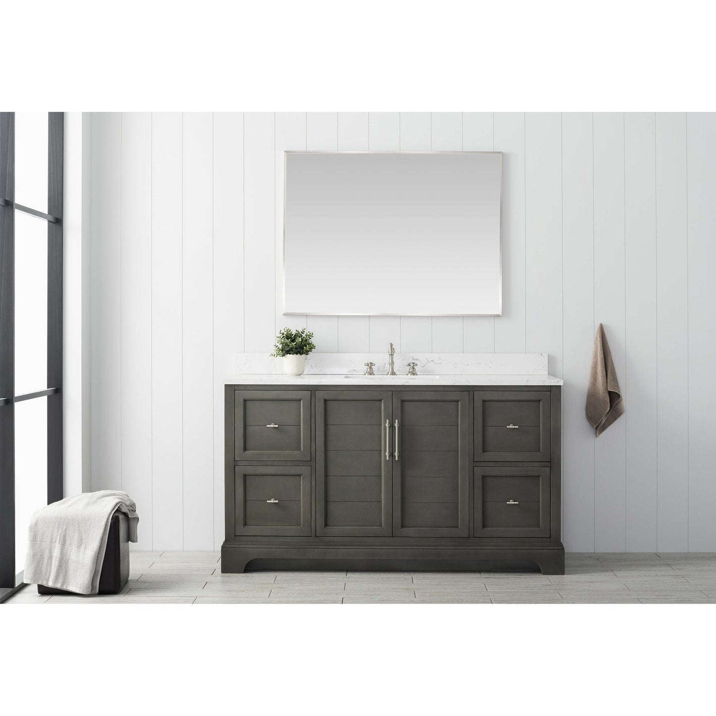 Vanity Art Vannes 60" Single Silver Gray Freestanding Vanity Set With Engineered Marble Countertop and Integrated Sink