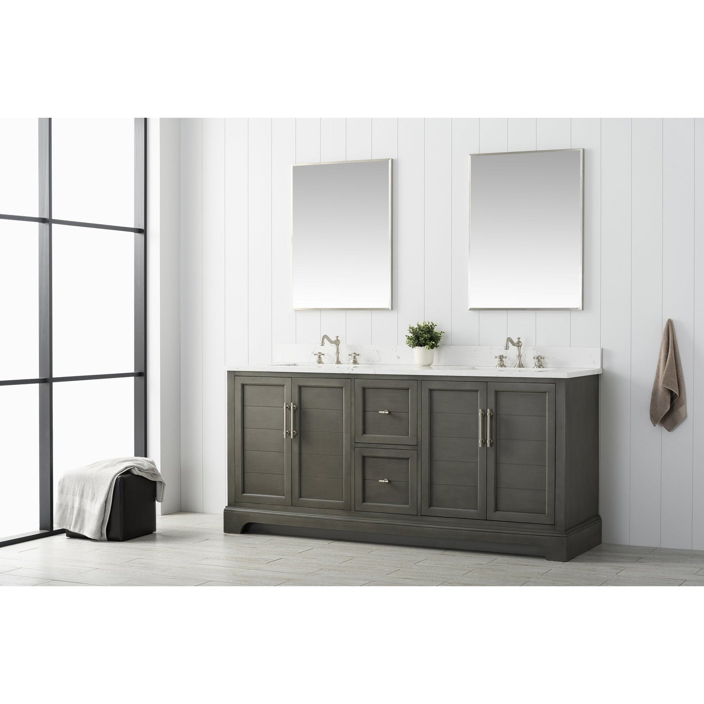 Vanity Art Vannes 72" Double Silver Gray Freestanding Vanity Set With Engineered Marble Countertop and Integrated Sink