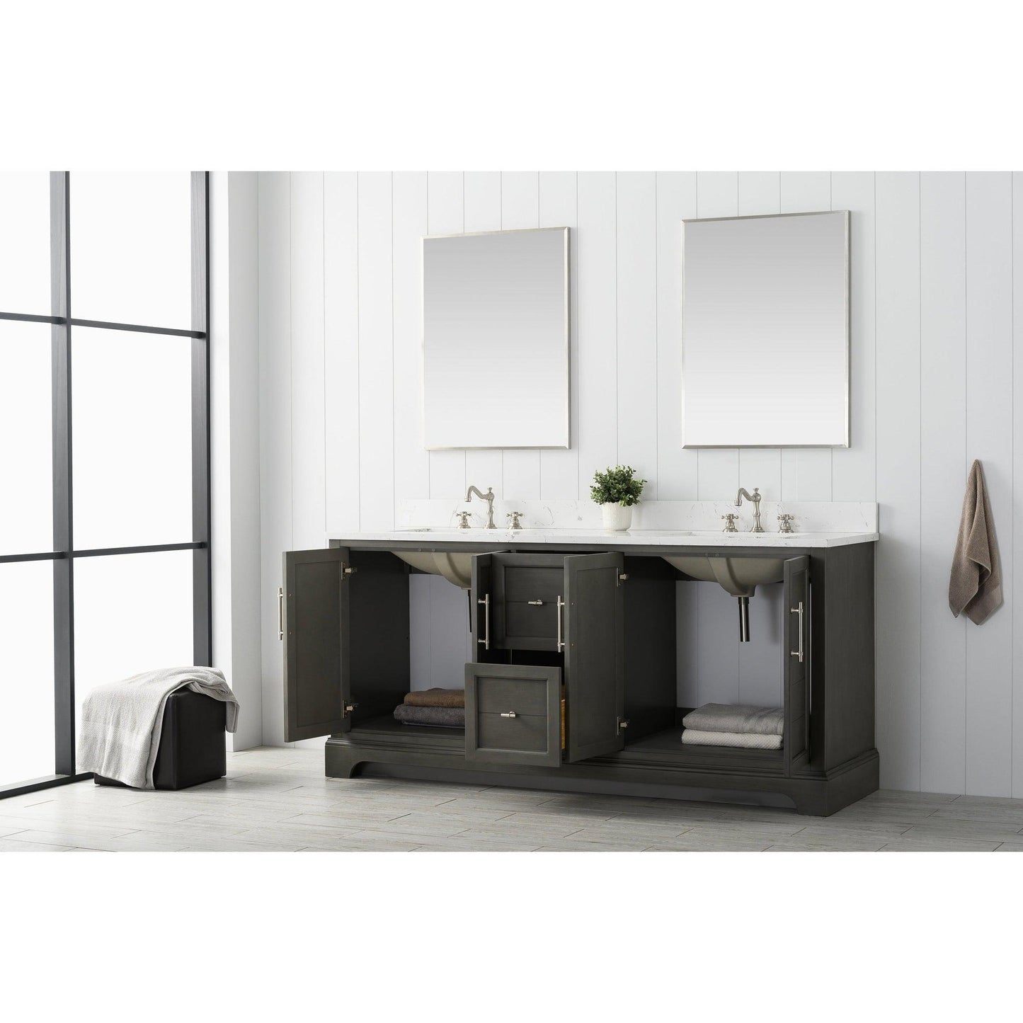 Vanity Art Vannes 72" Double Silver Gray Freestanding Vanity Set With Engineered Marble Countertop and Integrated Sink