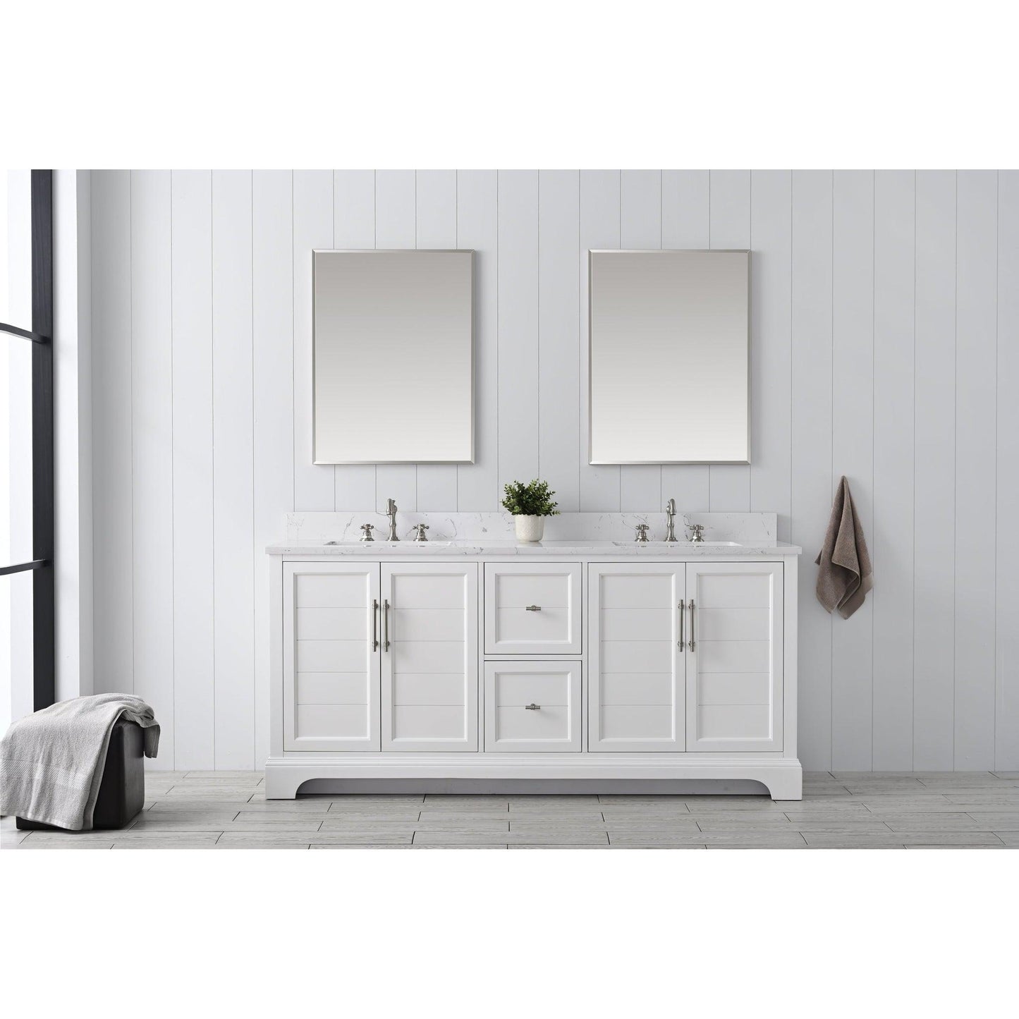 Vanity Art Vannes 72" Double White Freestanding Vanity Set With Engineered Marble Countertop and Integrated Sink