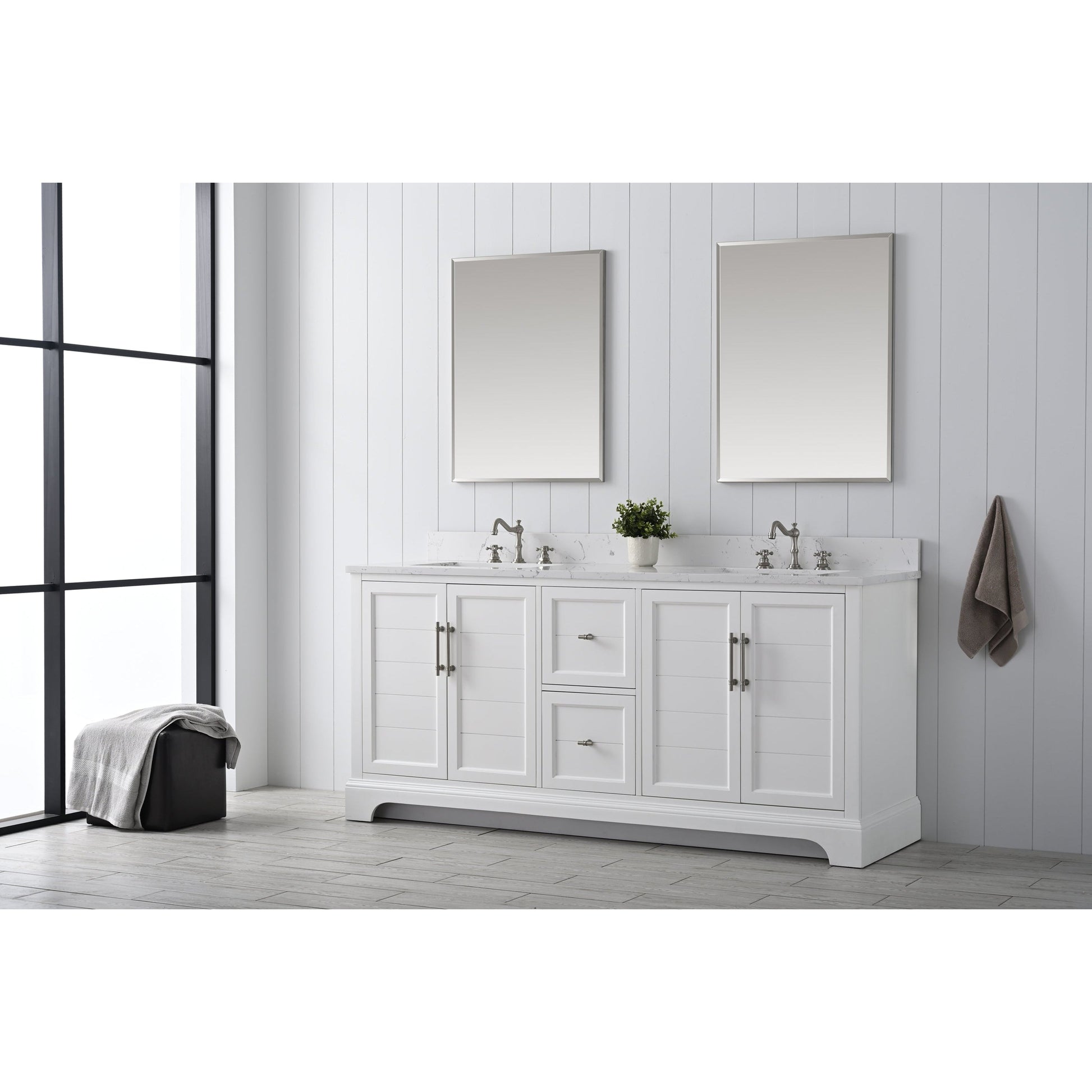 Vanity Art Vannes 72" Double White Freestanding Vanity Set With Engineered Marble Countertop and Integrated Sink