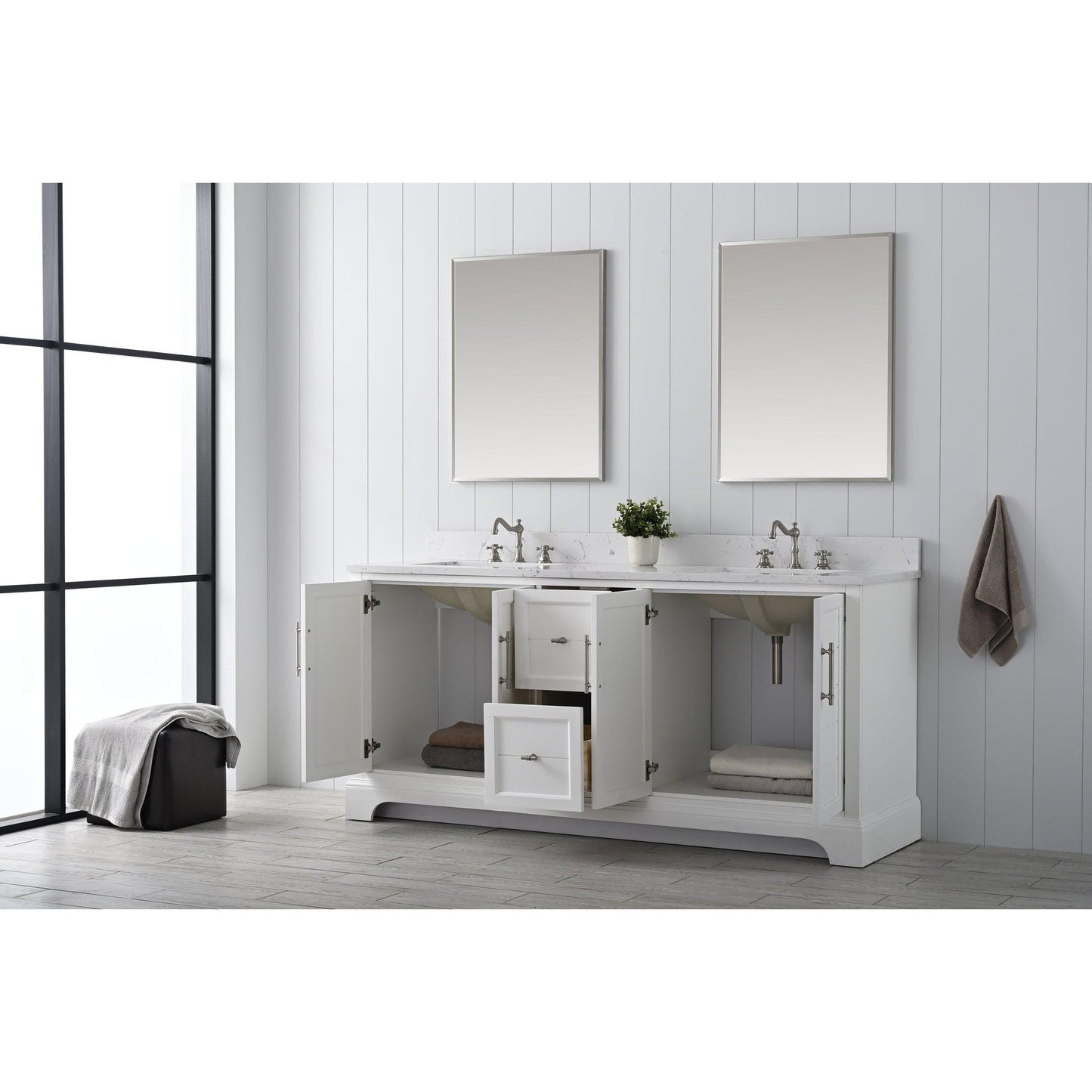 Vanity Art Vannes 72" Double White Freestanding Vanity Set With Engineered Marble Countertop and Integrated Sink