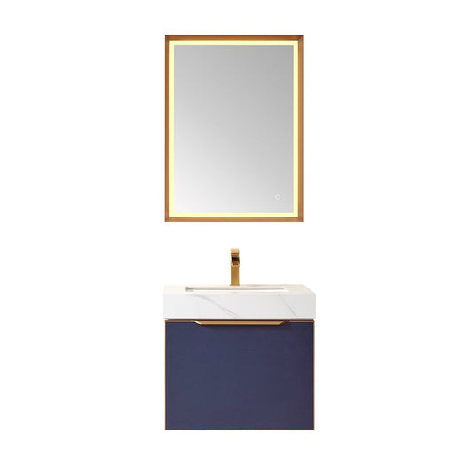 Vinnova Alicante 24" Single Vanity In Classic Blue With White Sintered Stone Countertop And Undermount Sink With Mirror