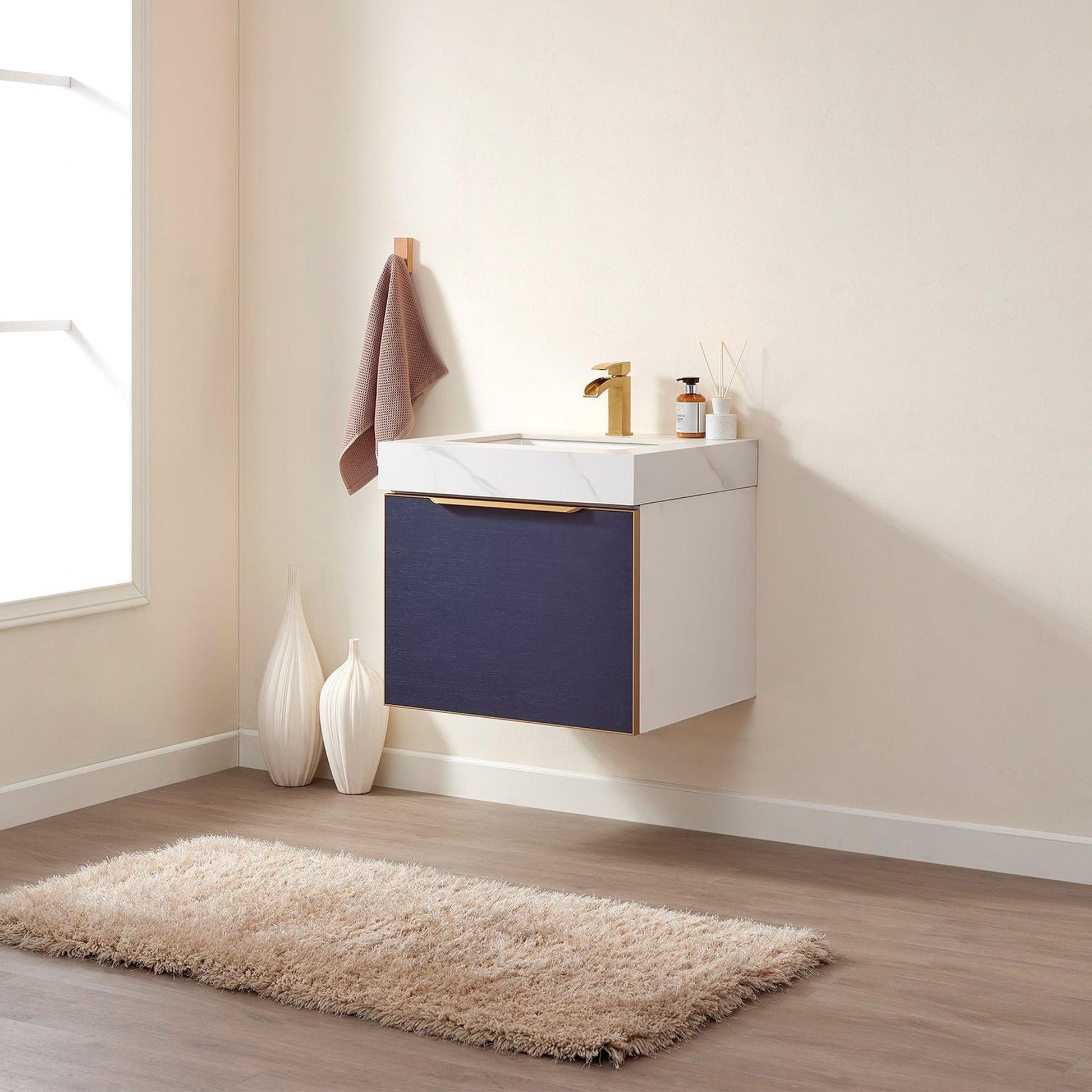 Vinnova Alicante 24" Single Vanity In Classic Blue With White Sintered Stone Countertop And Undermount Sink Without Mirror