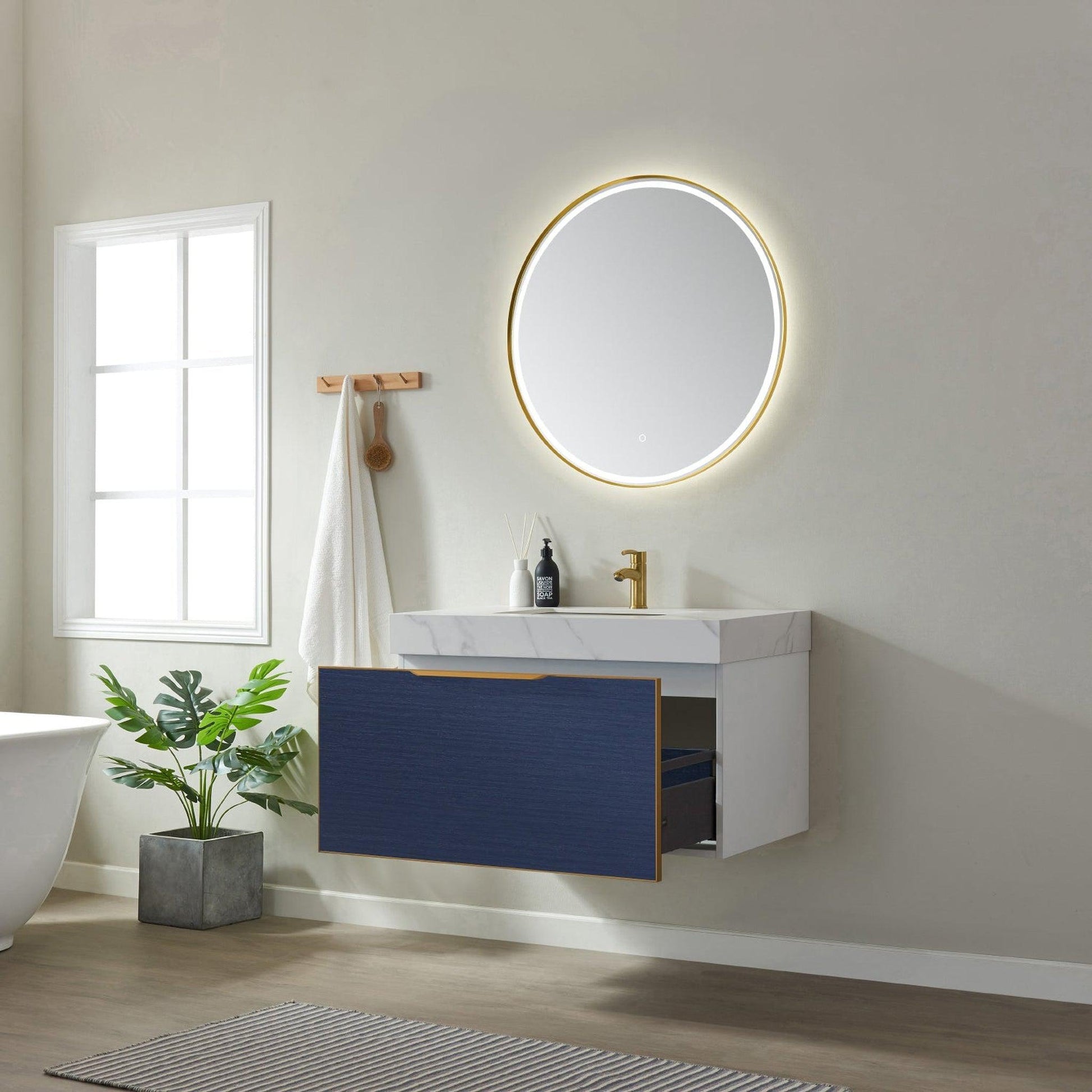 Vinnova Alicante 36" Single Vanity In Classic Blue With White Sintered Stone Countertop And Undermount Sink With Mirror