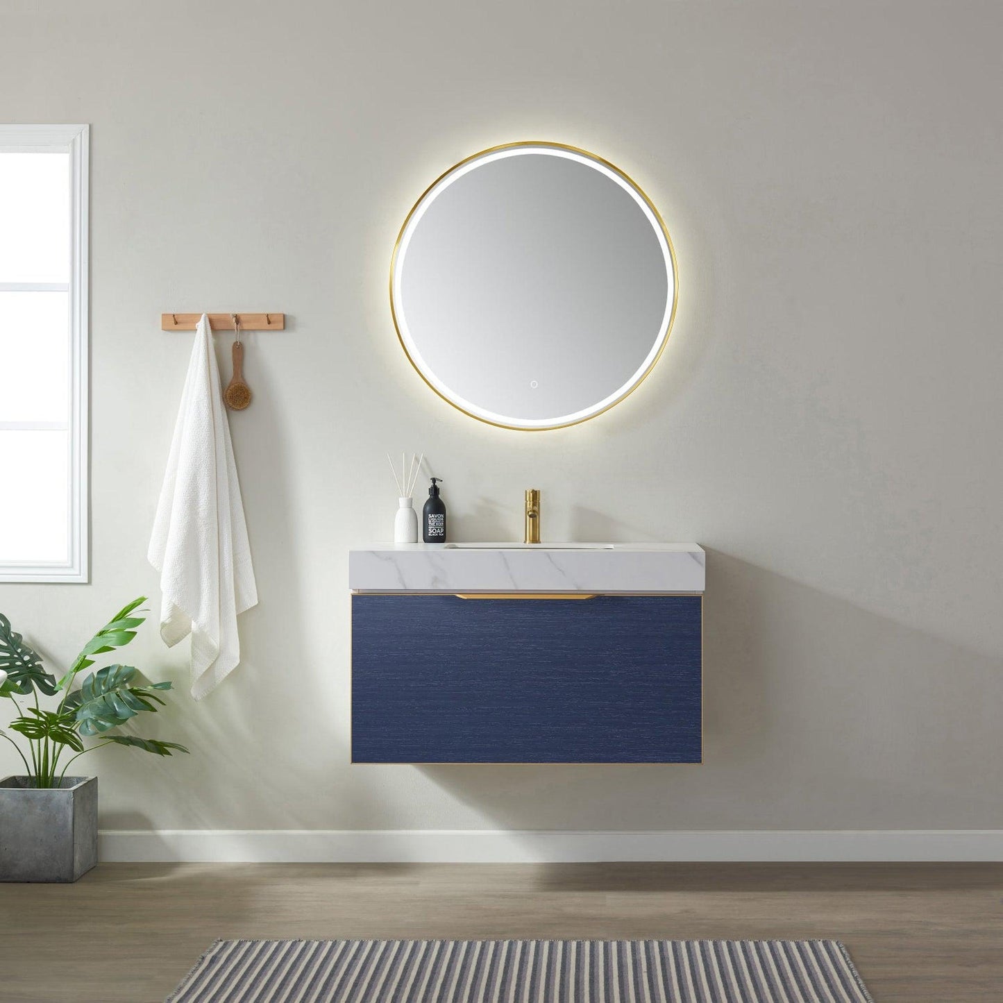 Vinnova Alicante 36" Single Vanity In Classic Blue With White Sintered Stone Countertop And Undermount Sink With Mirror