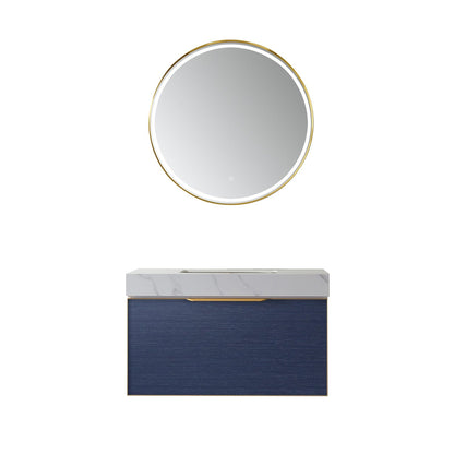 Vinnova Alicante 36" Single Vanity In Classic Blue With White Sintered Stone Countertop And Undermount Sink With Mirror