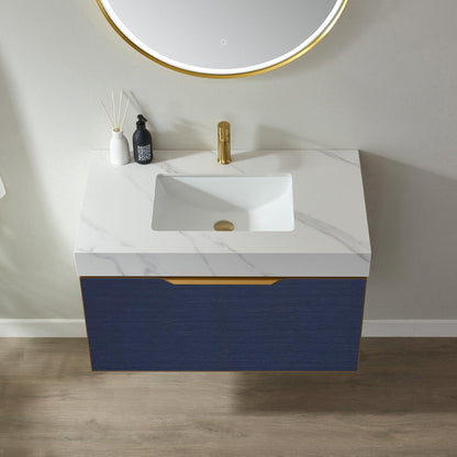 Vinnova Alicante 36" Single Vanity In Classic Blue With White Sintered Stone Countertop And Undermount Sink With Mirror