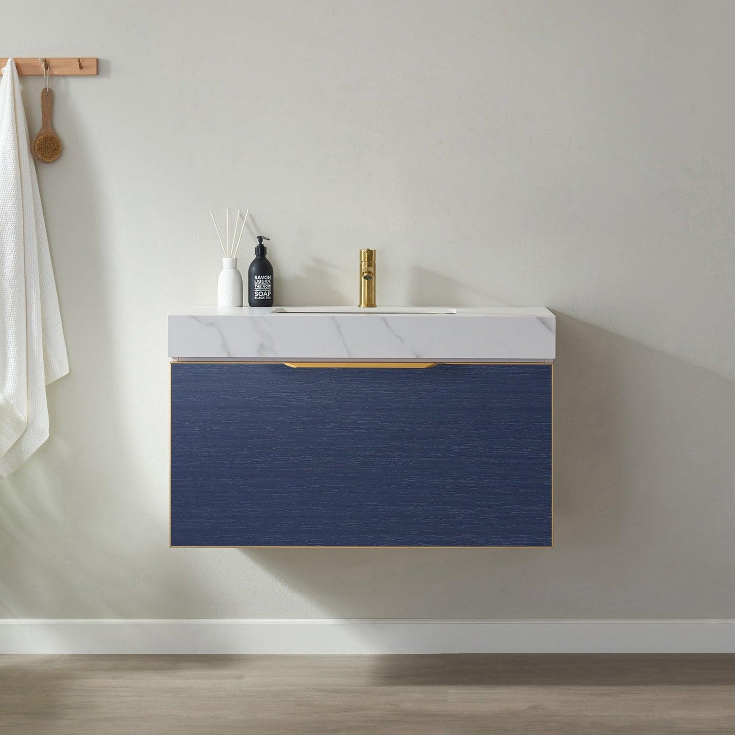 Vinnova Alicante 36" Single Vanity In Classic Blue With White Sintered Stone Countertop And Undermount Sink Without Mirror