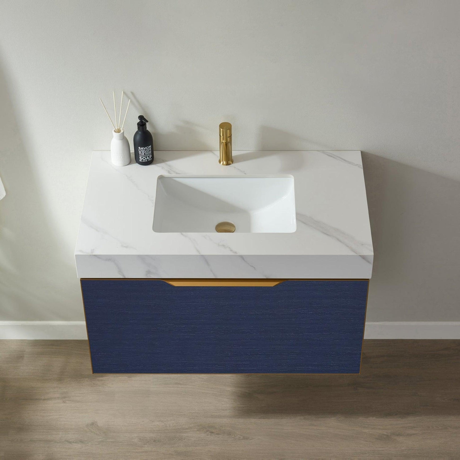 Vinnova Alicante 36" Single Vanity In Classic Blue With White Sintered Stone Countertop And Undermount Sink Without Mirror