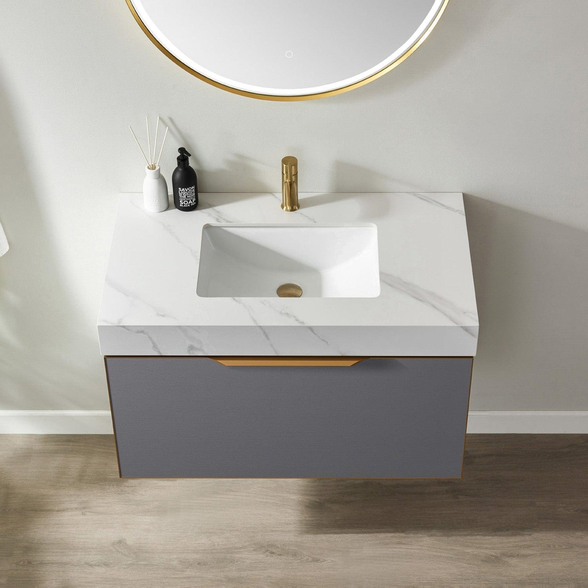 Vinnova Alicante 36" Single Vanity In Elegant Grey With White Sintered Stone Countertop And Undermount Sink With Mirror
