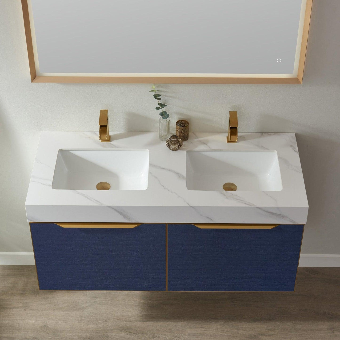 Vinnova Alicante 48" Double Vanity In Classic Blue With White Sintered Stone Countertop And Undermount Sink With Mirror