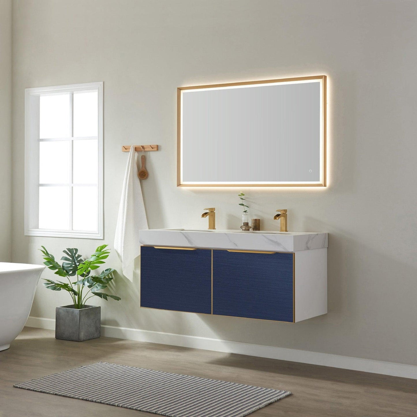 Vinnova Alicante 48" Double Vanity In Classic Blue With White Sintered Stone Countertop And Undermount Sink With Mirror