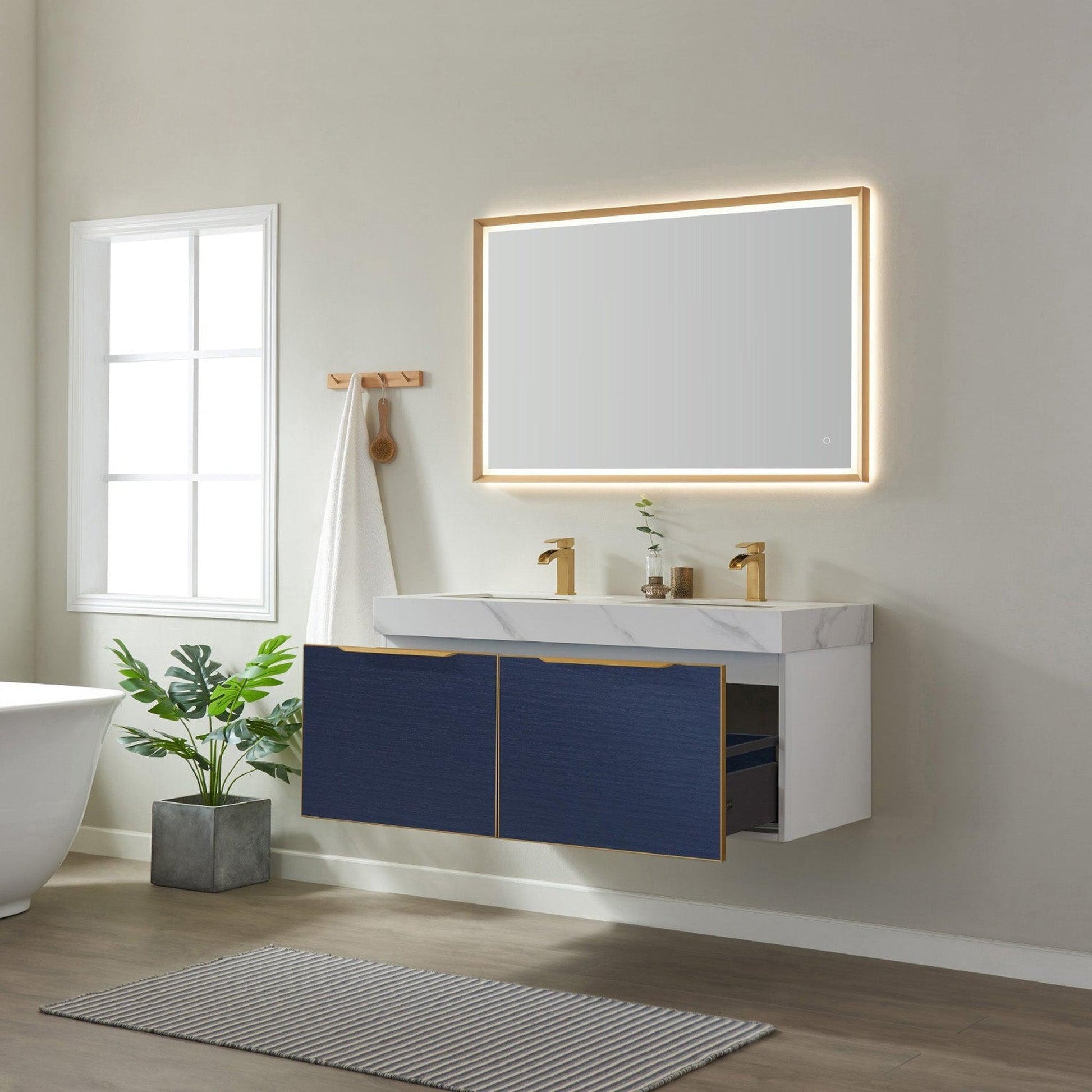 Vinnova Alicante 48" Double Vanity In Classic Blue With White Sintered Stone Countertop And Undermount Sink With Mirror