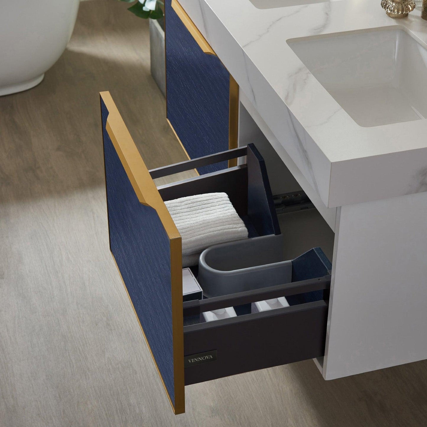 Vinnova Alicante 48" Double Vanity In Classic Blue With White Sintered Stone Countertop And Undermount Sink With Mirror