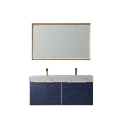 Vinnova Alicante 48" Double Vanity In Classic Blue With White Sintered Stone Countertop And Undermount Sink With Mirror