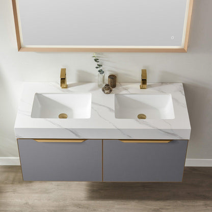 Vinnova Alicante 48" Double Vanity In Elegant Grey With White Sintered Stone Countertop And Undermount Sink With Mirror