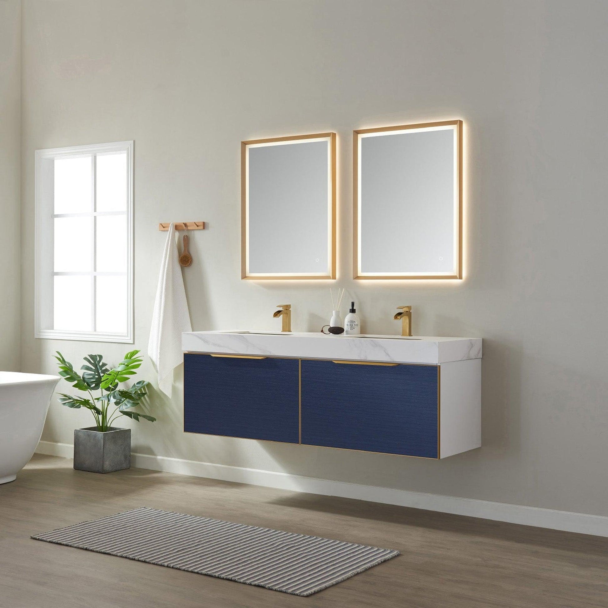 Vinnova Alicante 60" Double Vanity In Classic Blue With White Sintered Stone Countertop And Undermount Sink With Mirror