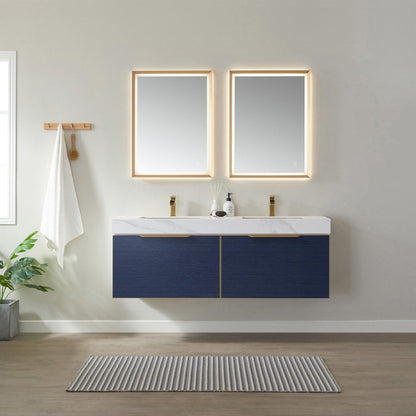 Vinnova Alicante 60" Double Vanity In Classic Blue With White Sintered Stone Countertop And Undermount Sink With Mirror