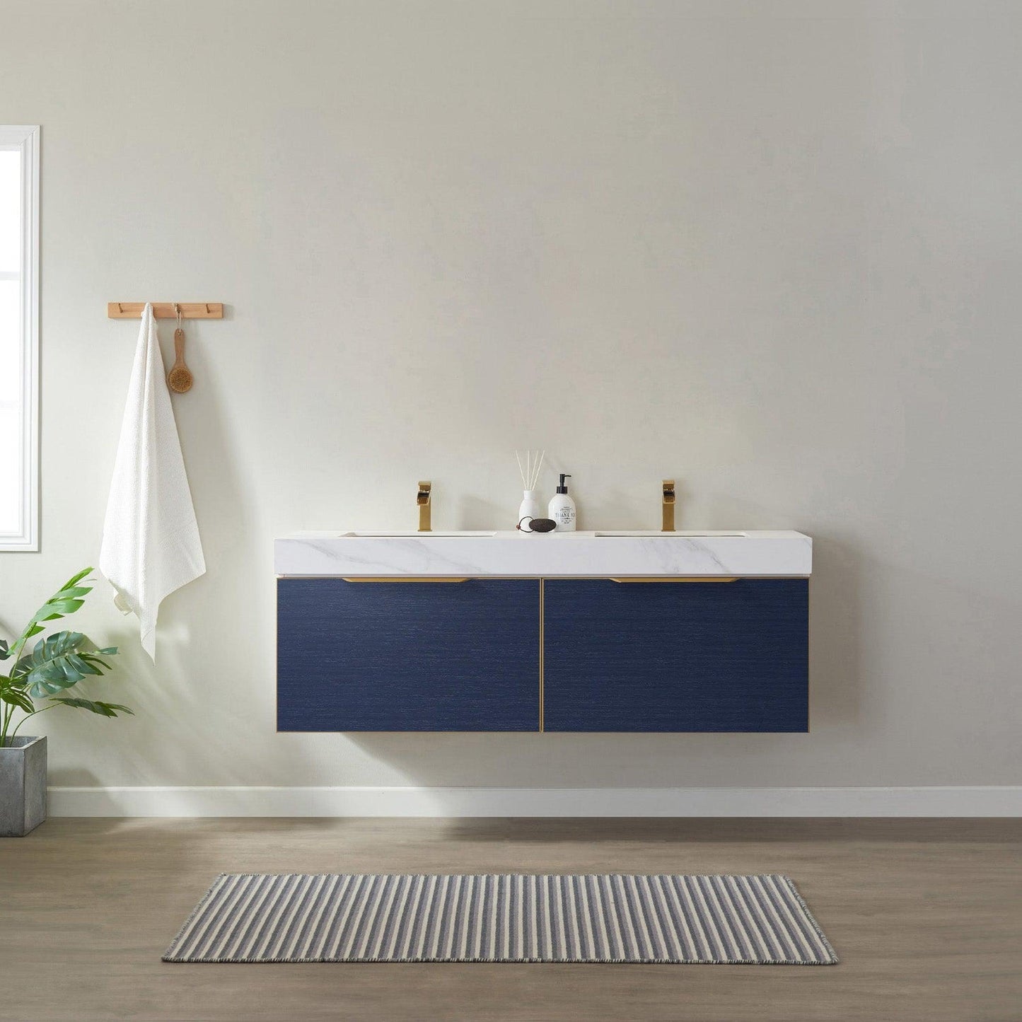 Vinnova Alicante 60" Double Vanity In Classic Blue With White Sintered Stone Countertop And Undermount Sink Without Mirror