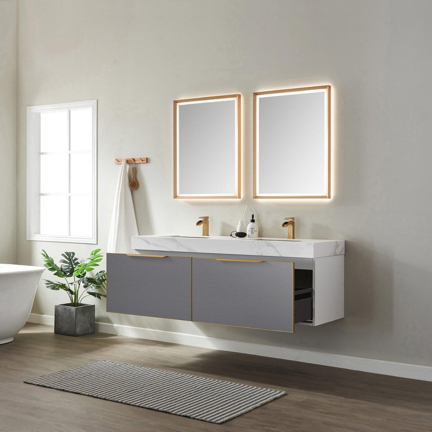 Vinnova Alicante 60" Double Vanity In Elegant Grey With White Sintered Stone Countertop And Undermount Sink With Mirror