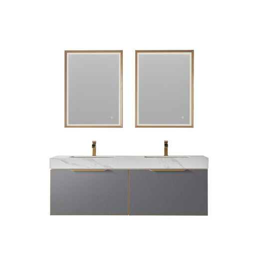 Vinnova Alicante 60" Double Vanity In Elegant Grey With White Sintered Stone Countertop And Undermount Sink With Mirror