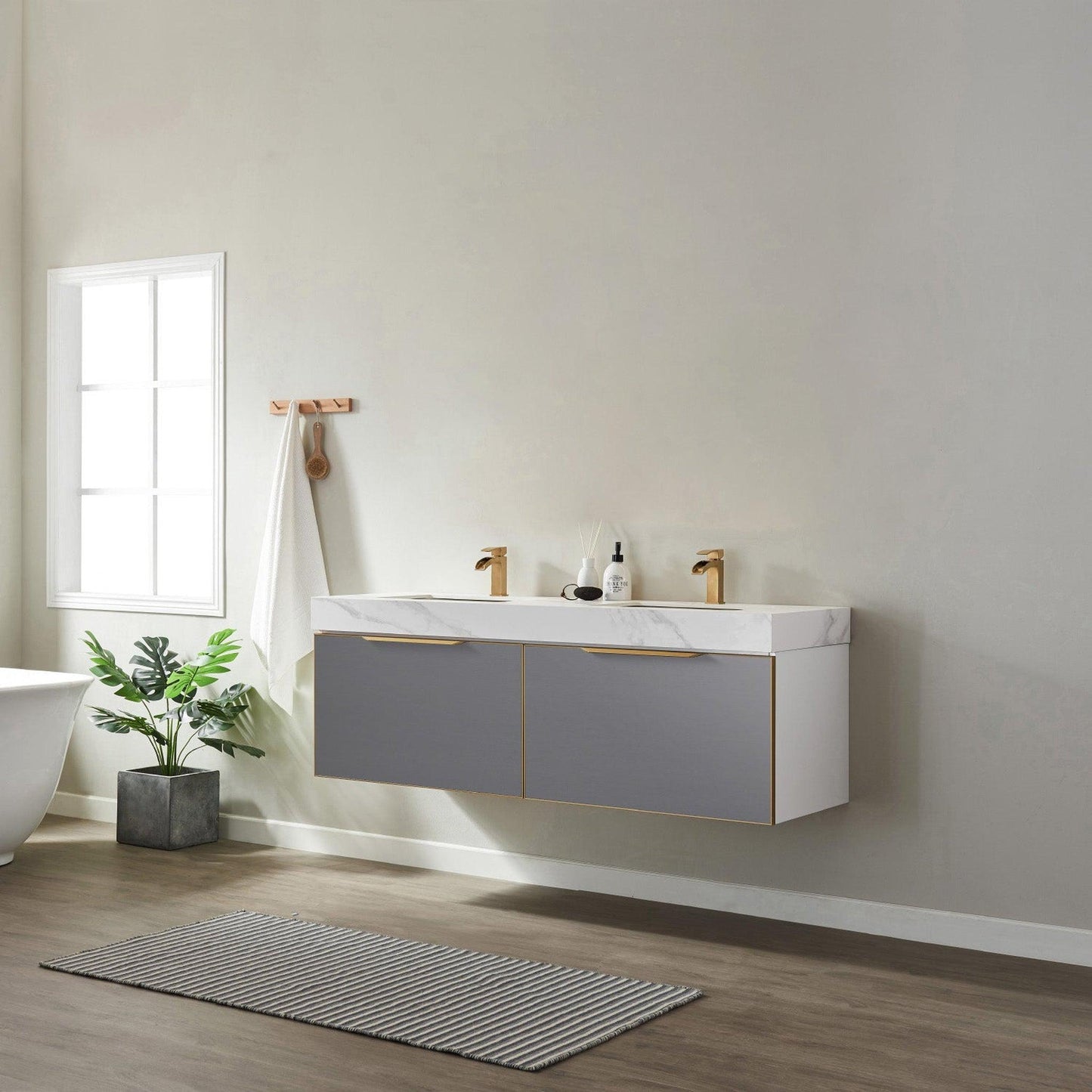 Vinnova Alicante 60" Double Vanity In Elegant Grey With White Sintered Stone Countertop And Undermount Sink Without Mirror