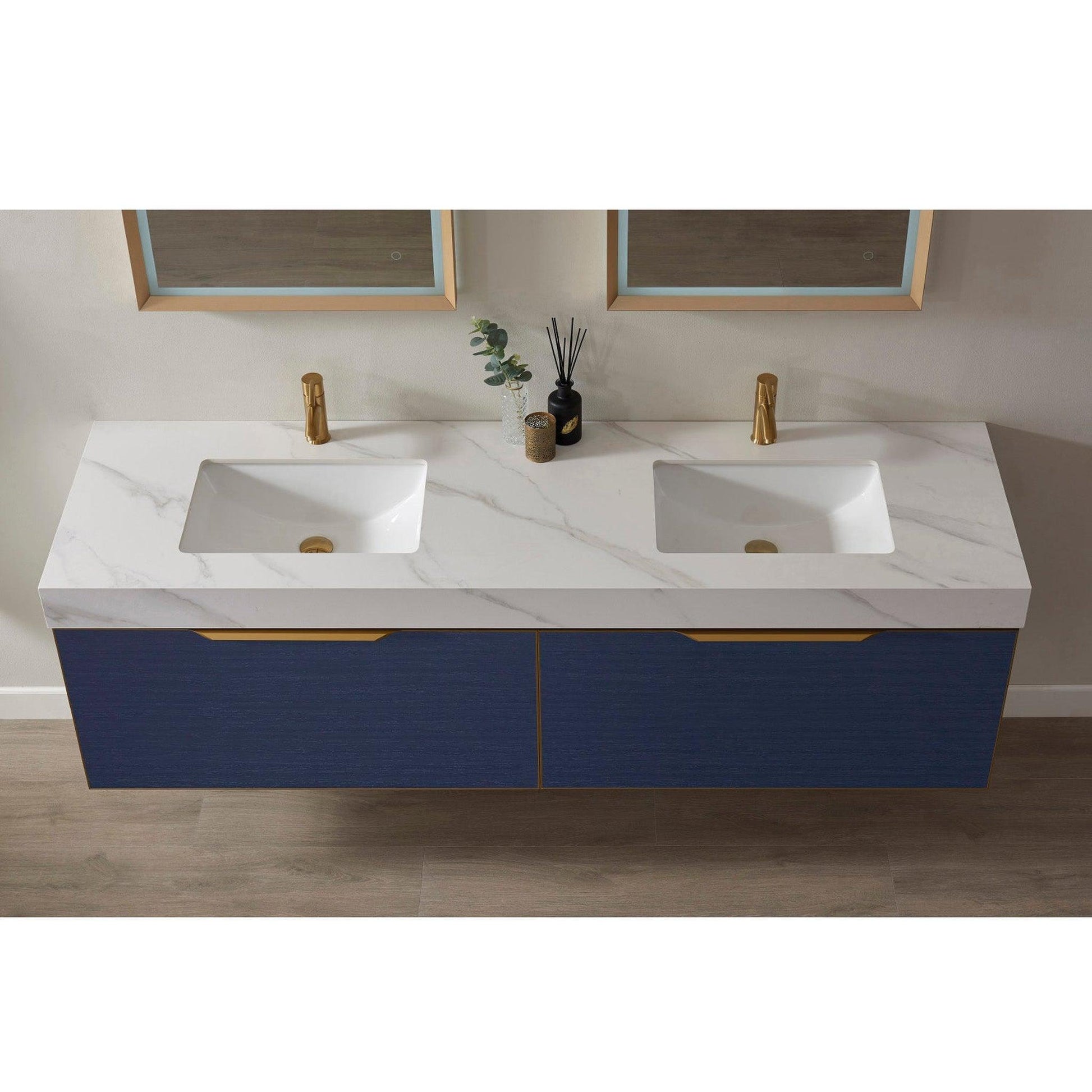 Vinnova Alicante 72" Double Vanity In Classic Blue With White Sintered Stone Countertop And Undermount Sink With Mirror