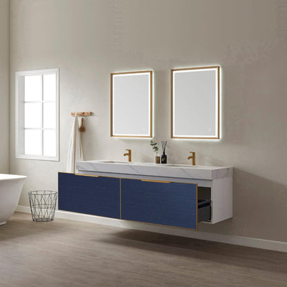 Vinnova Alicante 72" Double Vanity In Classic Blue With White Sintered Stone Countertop And Undermount Sink With Mirror