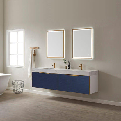 Vinnova Alicante 72" Double Vanity In Classic Blue With White Sintered Stone Countertop And Undermount Sink With Mirror