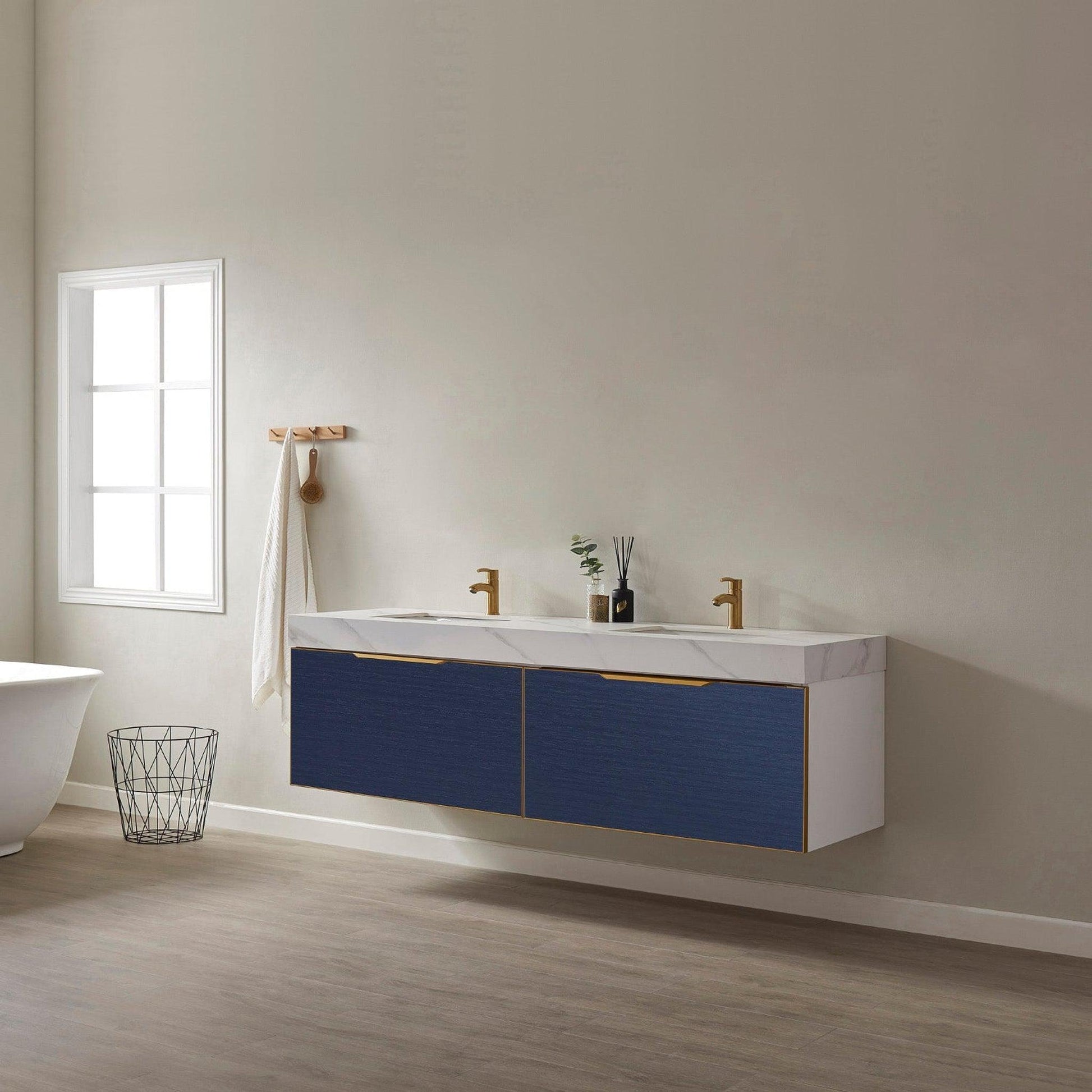 Vinnova Alicante 72" Double Vanity In Classic Blue With White Sintered Stone Countertop And Undermount Sink Without Mirror