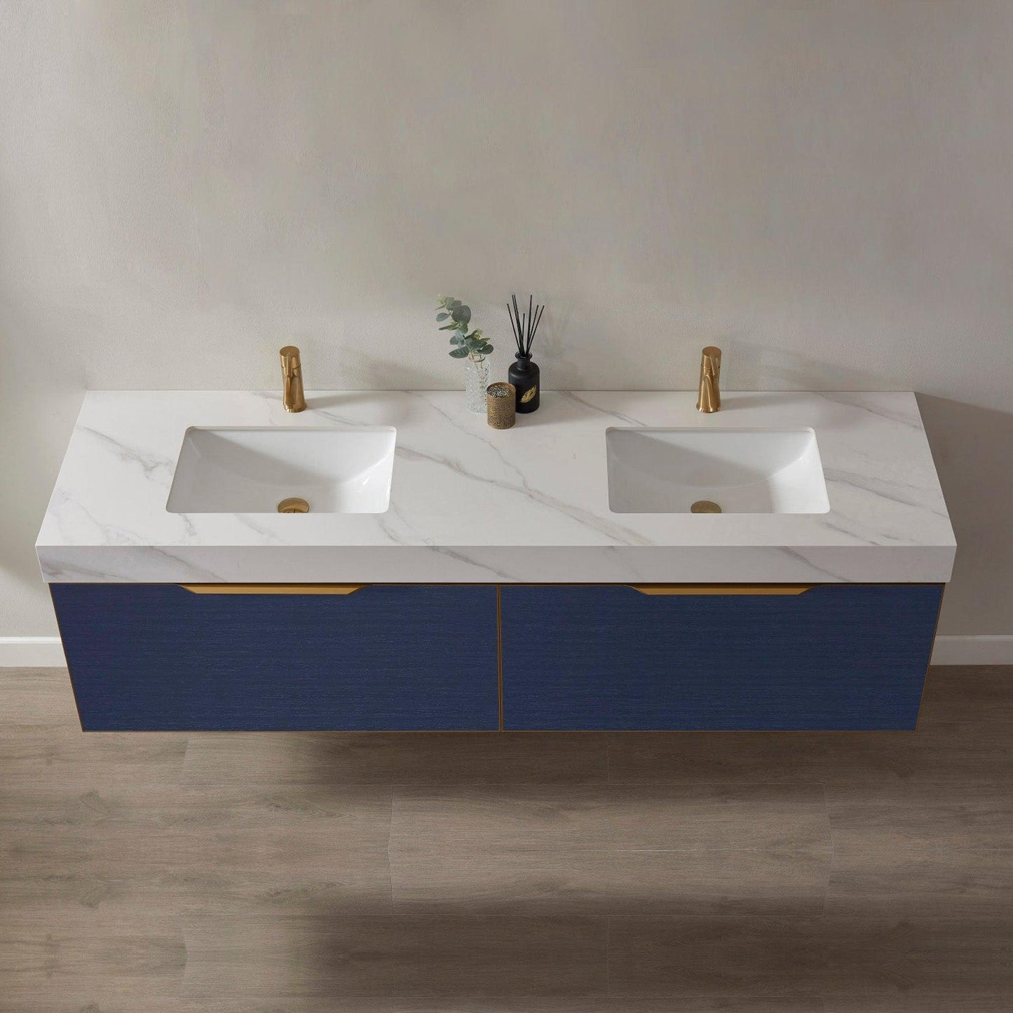 Vinnova Alicante 72" Double Vanity In Classic Blue With White Sintered Stone Countertop And Undermount Sink Without Mirror