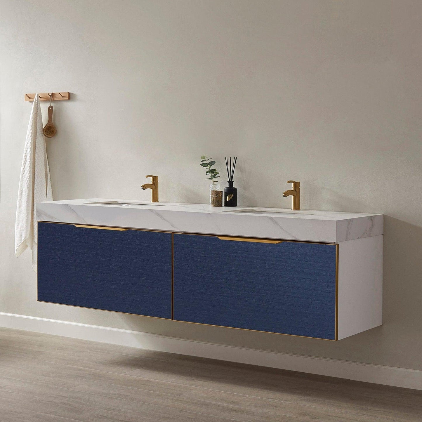 Vinnova Alicante 72" Double Vanity In Classic Blue With White Sintered Stone Countertop And Undermount Sink Without Mirror