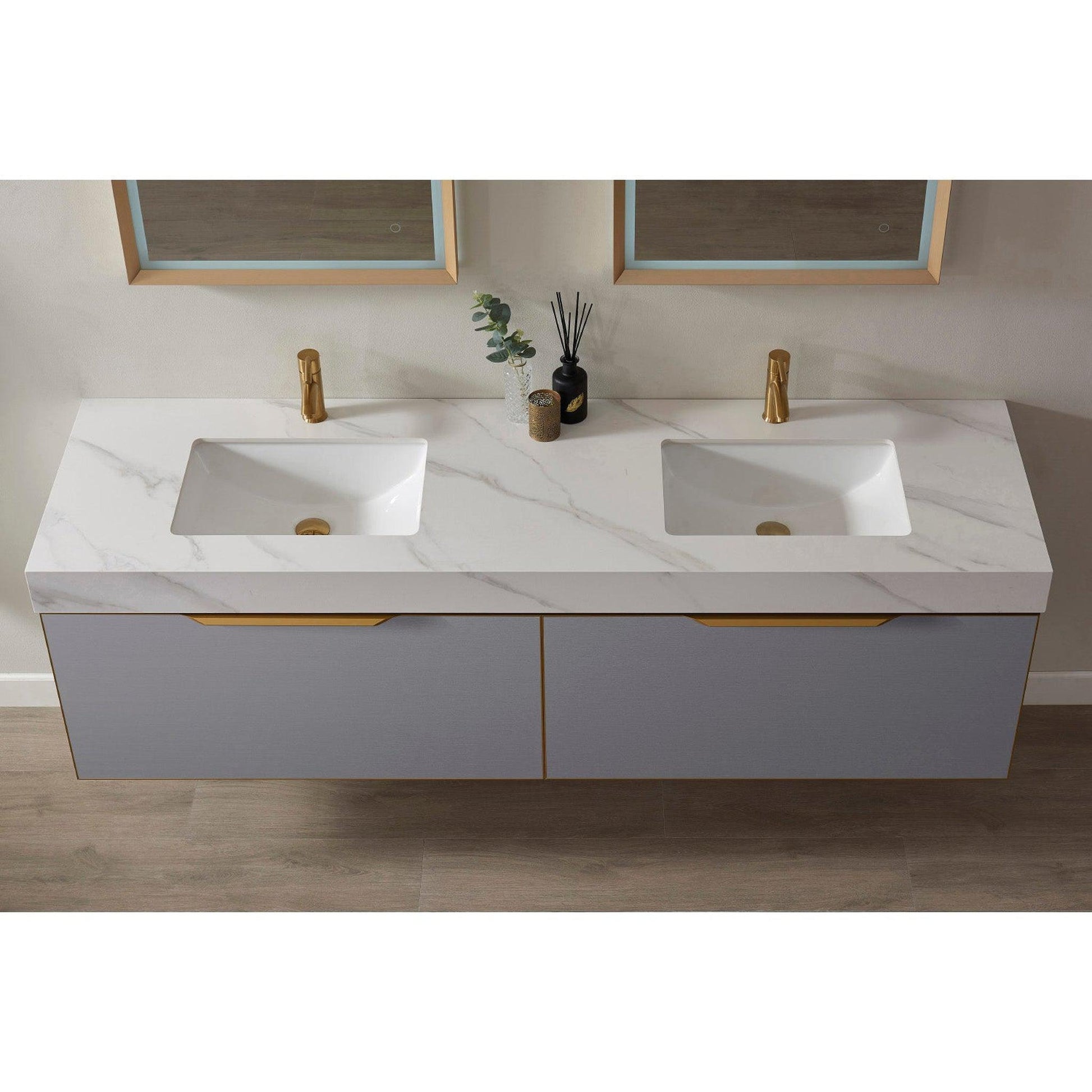 Vinnova Alicante 72" Double Vanity In Elegant Grey With White Sintered Stone Countertop And Undermount Sink With Mirror