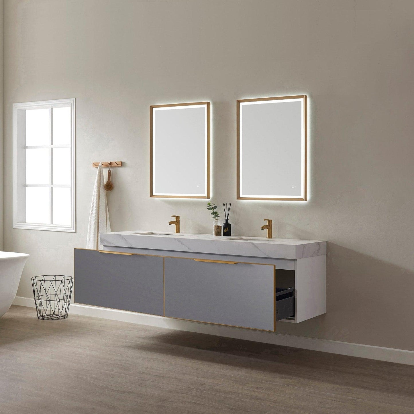 Vinnova Alicante 72" Double Vanity In Elegant Grey With White Sintered Stone Countertop And Undermount Sink With Mirror