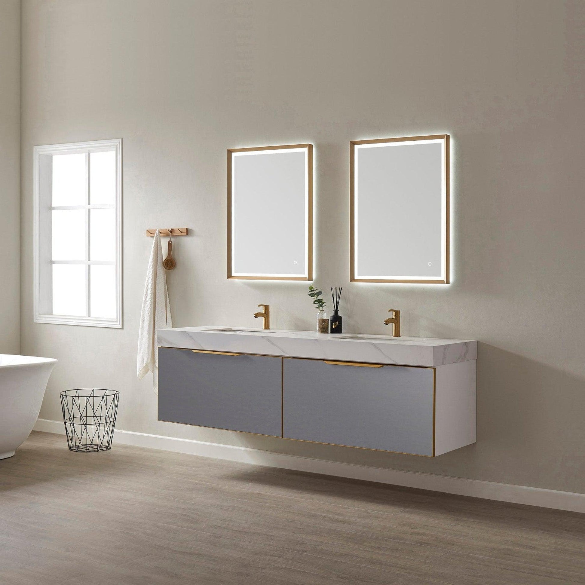 Vinnova Alicante 72" Double Vanity In Elegant Grey With White Sintered Stone Countertop And Undermount Sink With Mirror