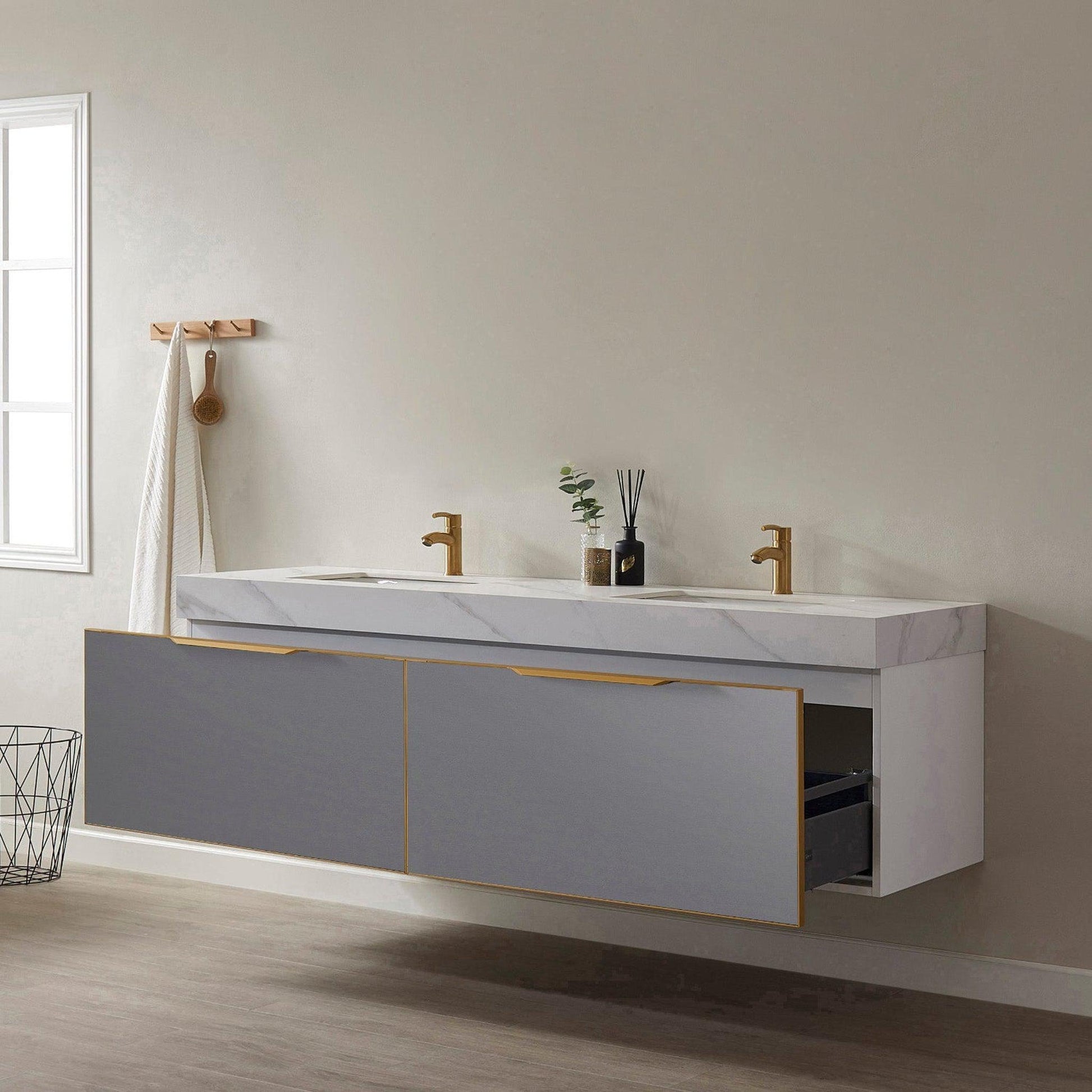 Vinnova Alicante 72" Double Vanity In Elegant Grey With White Sintered Stone Countertop And Undermount Sink Without Mirror